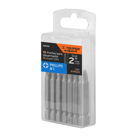 Estuche con 15 puntas de cruz PH1 largo 2', Truper Expert | PUDE-1201-15 | 100194