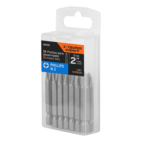 Estuche con 15 puntas de cruz PH2 largo 2', Truper Expert | PUDE-1202-15 | 100195