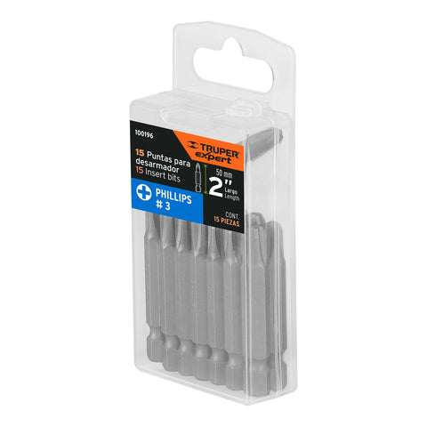 Estuche con 15 puntas de cruz PH3 largo 2', Truper Expert | PUDE-1203-15 | 100196