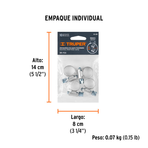 Bolsa c/4 abrazaderas sin fin # 4, 3/8 - 5/8', Truper | M-4B | 10021