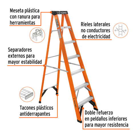 Escalera de tijera, tipo ll, 6 peldaños, fibra de vidrio | EST-26FV | 100226