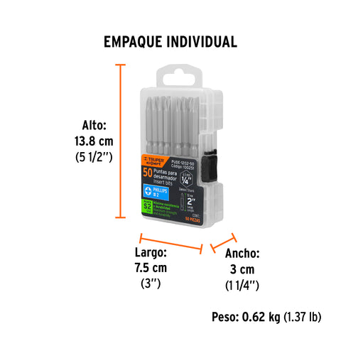 Estuche con 50 puntas de cruz PH2 largo 2', Truper Expert | PUDE-1202-50 | 100251