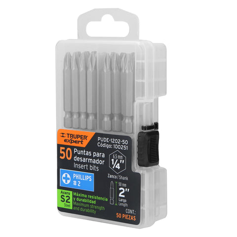 Estuche con 50 puntas de cruz PH2 largo 2', Truper Expert | PUDE-1202-50 | 100251