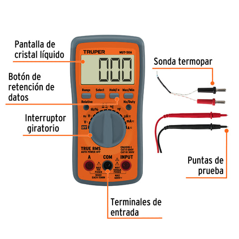 Multimetro profesional con RMS verdadero y auto rango | MUT-50A | 100361