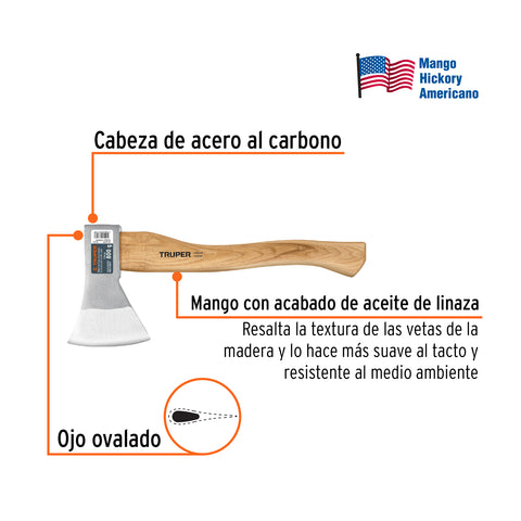 Hacha europea, 800 g, mango hickory 15', Truper | HE-800 | 100494
