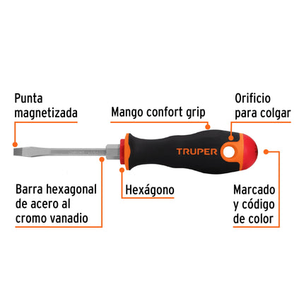 Desarmador plano 3/16' x 3' mango Comfort Grip, Truper | DR-3/16X3B | 100831