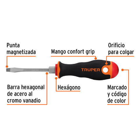 Desarmador plano 3/16' x 3' mango Comfort Grip, Truper | DR-3/16X3B | 100831