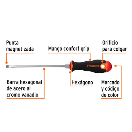 Desarmador plano 3/16' x 6' mango Comfort Grip, Truper | DR-3/16X6B | 100832