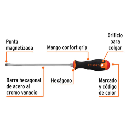Desarmador plano 1/4' x 8' mango Comfort Grip, Truper | DR-1/4X8B | 100833