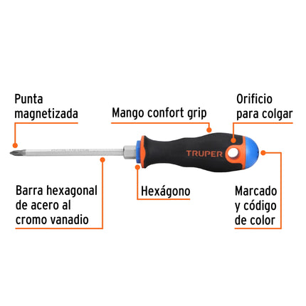 Desarmador de cruz 3/16' x 4' mango Comfort Grip, Truper | DP-3/16X4B | 100836