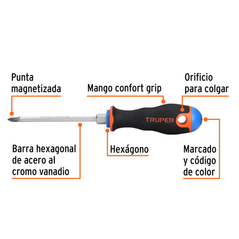 Desarmador de cruz 3/16' x 4' mango Comfort Grip, Truper | DP-3/16X4B | 100836