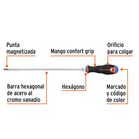 Desarmador de cruz 3/16' x 10' mango Comfort Grip, Truper | DP-3/16X10B | 100837
