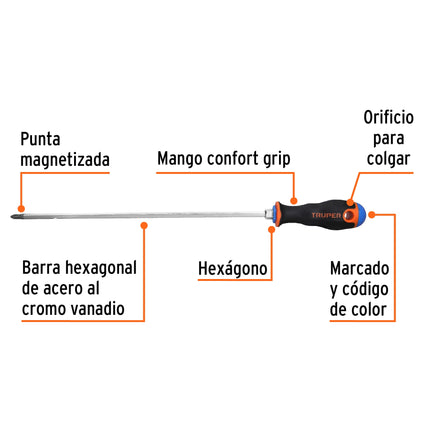 Desarmador de cruz 1/4' x 12' mango Comfort Grip, Truper | DP-1/4X12B | 100838