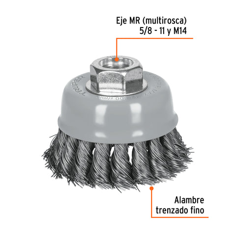 Carda copa 3' alambre trenzado fino, Multi-rosca, Truper | CT-608MR | 100851