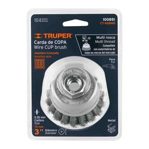 Carda copa 3' alambre trenzado fino, Multi-rosca, Truper | CT-608MR | 100851