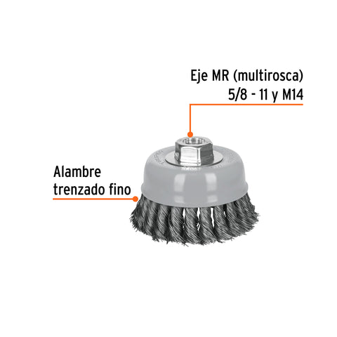 Carda copa 4' alambre trenzado fino, Multi-rosca, Truper | CT-610MR | 100852