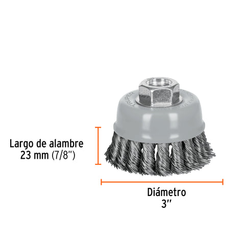 Carda copa 3' alambre trenzado grueso, Multi-rosca, Truper | CT-608MRX | 100854