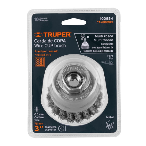 Carda copa 3' alambre trenzado grueso, Multi-rosca, Truper | CT-608MRX | 100854