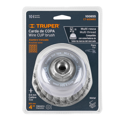 Carda copa 4' alambre trenzado grueso, Multi-rosca, Truper | CT-610MRX | 100855