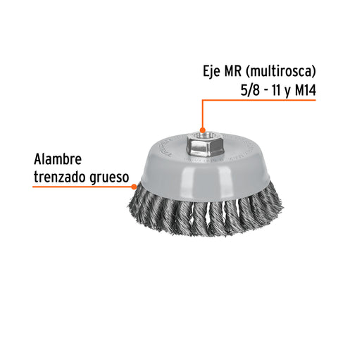 Carda copa 5' alambre trenzado grueso, Multi-rosca, Truper | CT-612MRX | 100856