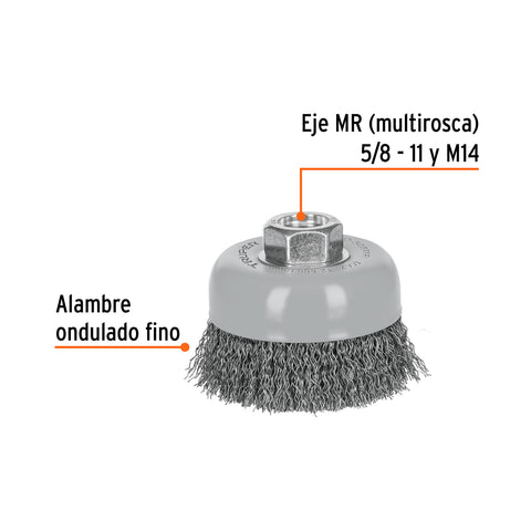 Carda copa 3' alambre ondulado fino, Multi-rosca, Truper | CO-508MR | 100857
