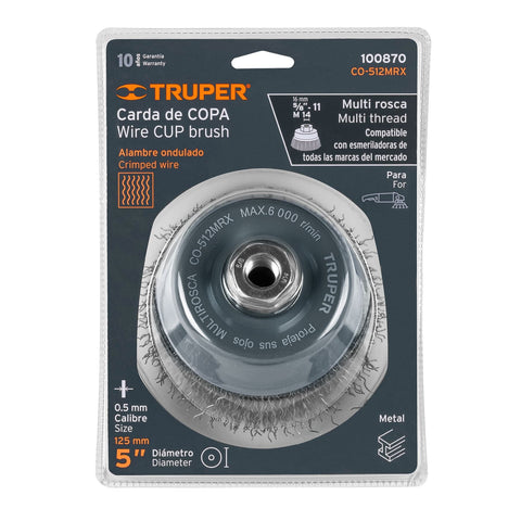 Carda copa 5' alambre ondulado grueso, Multi-rosca, Truper | CO-512MRX | 100870