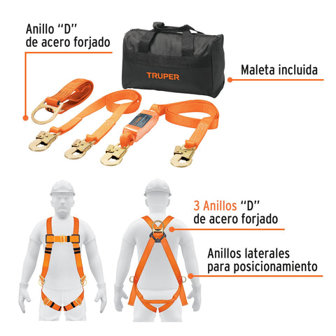 Kit contra caídas con arnés de tres anillos, Truper | ARN-KIT-3 | 100889