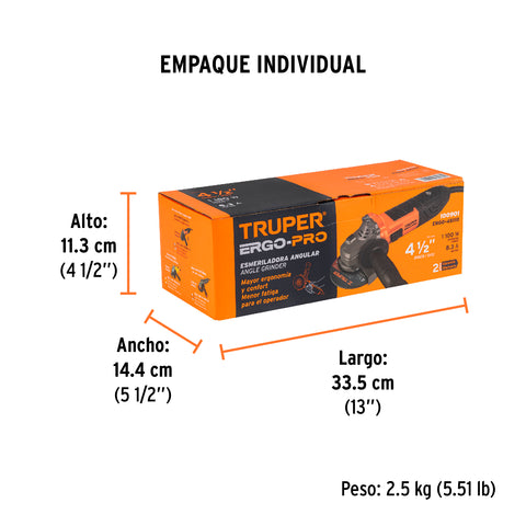 Esmeriladora angular 4-1/2', 1100W, TRUPER ERGO PRO | ERGO-45110 | 100901