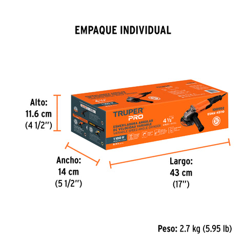 Esmeriladora angular 4-1/2', 1100W, TRUPER PRO | ESMA-45110 | 100902