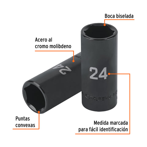 Dado largo impacto de 24 mm, 6 puntas, cuadro 1/2', Truper | D-7324-ML | 100923