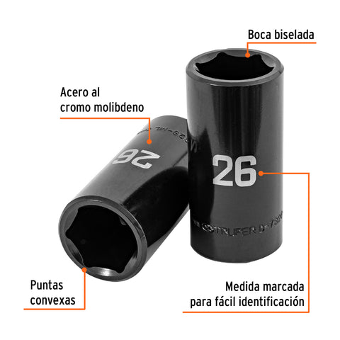 Dado largo impacto de 26 mm, 6 puntas, cuadro 1/2', Truper | D-7326-ML | 100925