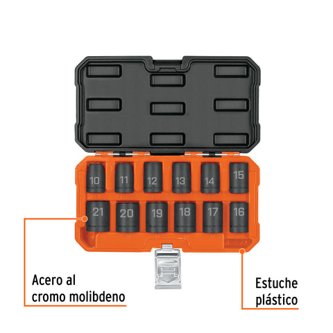 Juego de 12 dados de impacto cuadro 1/2', 6 puntas mm | JDI-1/2X12M | 100944