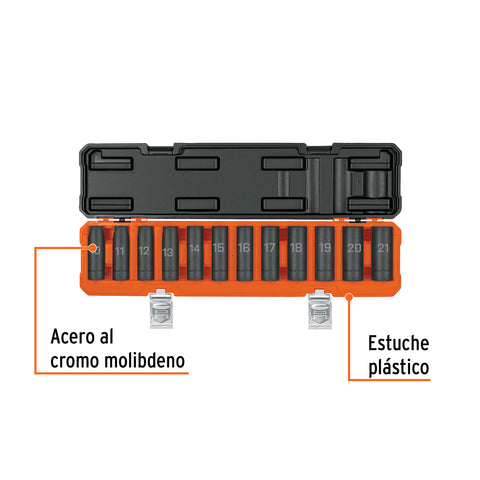 Juego de 12 dados largos de impacto cuadro 1/2', 6 puntas mm | JDI-1/2X12ML | 100946
