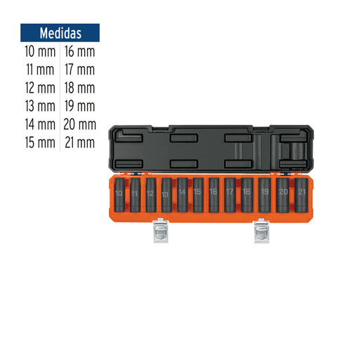 Juego de 12 dados largos de impacto cuadro 1/2', 6 puntas mm | JDI-1/2X12ML | 100946