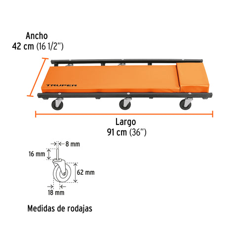 Cama de acero 36' para mecánico, Truper | CATA-36 | 10098