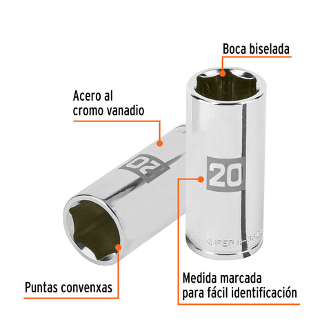 Dado largo de 20 mm, 6 puntas, cuadro 3/8', Truper | D-3820-HM-L | 100995