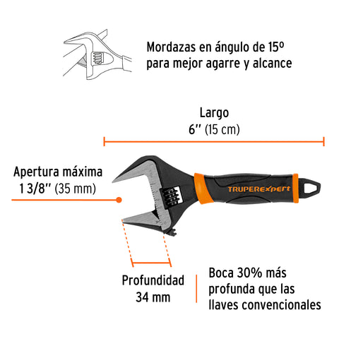 Llave ajustable (perico) 6' boca ancha Comfort Grip, Expert | PET-6XA | 101033