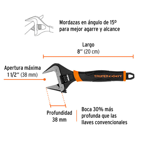 Llave ajustable (perico) 8' boca ancha Comfort Grip, Expert | PET-8XA | 101034