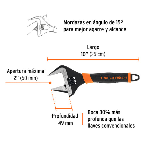 Llave ajustable (perico) 10' boca ancha Comfort Grip, Expert | PET-10XA | 101035