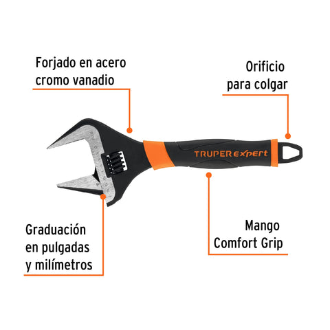 Llave ajustable (perico) 10' boca ancha Comfort Grip, Expert | PET-10XA | 101035