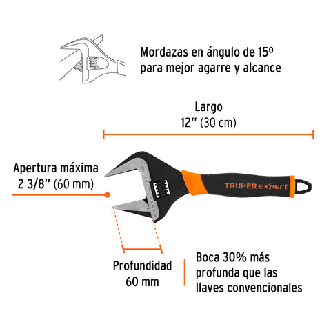 Llave ajustable (perico) 12' boca ancha Comfort Grip, Expert | PET-12XA | 101036