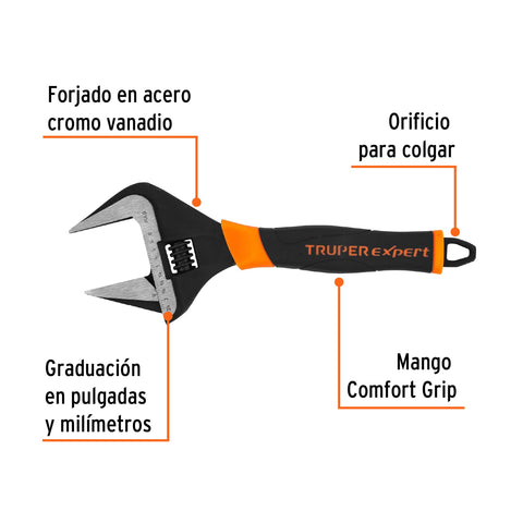 Llave ajustable (perico) 12' boca ancha Comfort Grip, Expert | PET-12XA | 101036