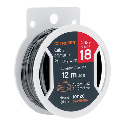 Carrete con 12 m de cable primario negro calibre 18, Truper | CAPRI-18N | 101120