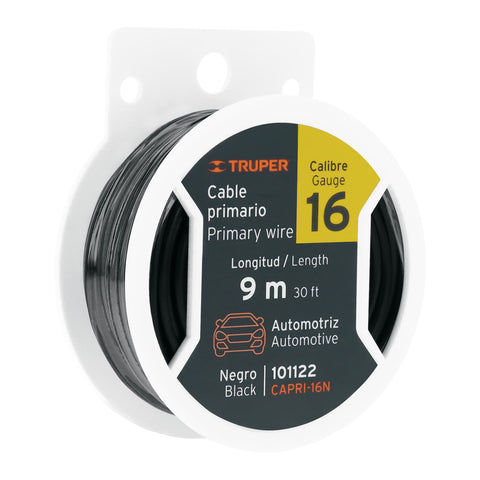 Carrete con 9 m de cable primario negro calibre 16, Truper | CAPRI-16N | 101122
