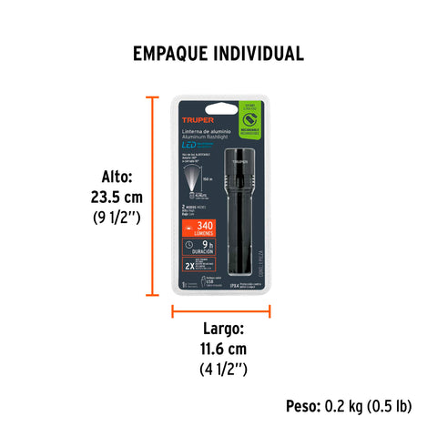 Linterna LED recargable, de aluminio, 340 lm, TRUPER | LIRA-130 | 101381