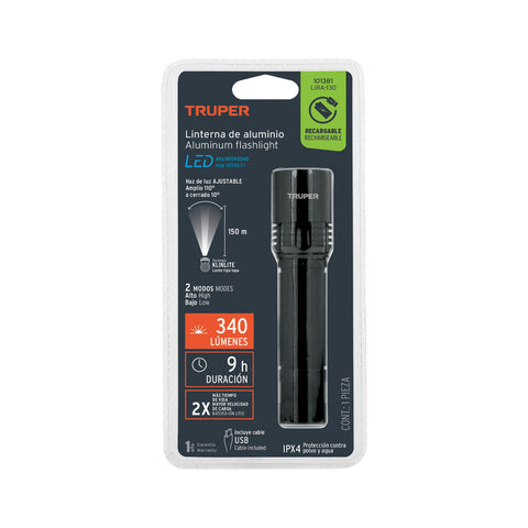Linterna LED recargable, de aluminio, 340 lm, TRUPER | LIRA-130 | 101381