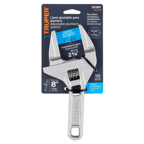 Llave ajustable 8' para plomero, apertura 3', TRUPER | PEA-8 | 101387