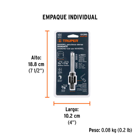 Mandril para brocasierra diamante con rosca 3/8', Truper | MAND-3/8I | 101390
