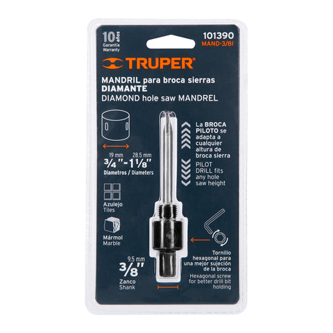 Mandril para brocasierra diamante con rosca 3/8', Truper | MAND-3/8I | 101390