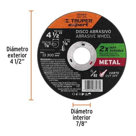 Disco para corte de metal 4-1/2' tipo 41, Truper Expert | ABT-335 | 101454